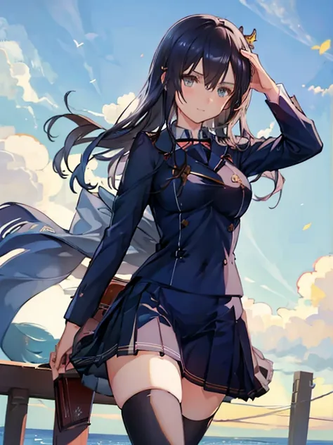 (((uniform))),((((((navy blue double-breasted skirt suit)))))) mini skirt, thighhighs, the skirt is fluttering in the wind,the w...