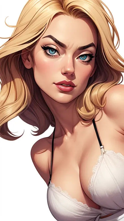 Sensual secretary in Artline Yvonne Strahovski Cartoon style with portrait image from waist to head with medium to large breasts seductive eyes sensual lips style digital illustration white background sensitive light filter