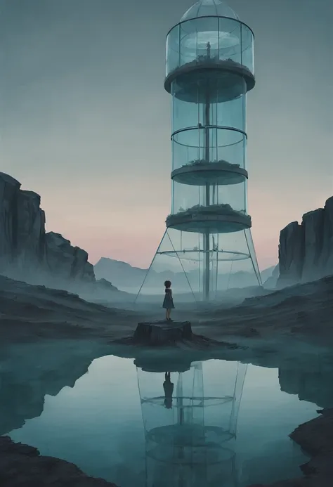 ssta, a girl stands on a glass tower in a surreal landscape