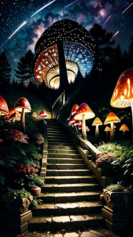 A stunningly beautiful and dark forest path，There are many huge elaborate glowing mushroom houses，There are windows and stairs，detailed，3D depth，starry sky background，Tightly rendered oil painting，burst of color，phosphorescence，A masterpiece of deviantart，...