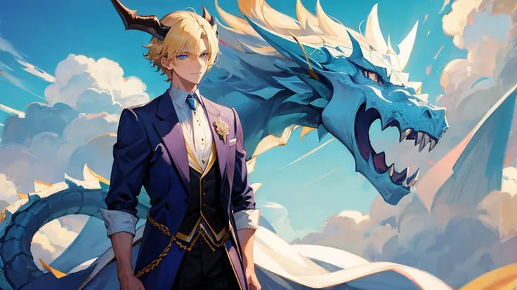 handsome boy, blonde hair, blue eyes, royal blue clothes, white horns, huge dragon surrounding him, 8k resolution, sky