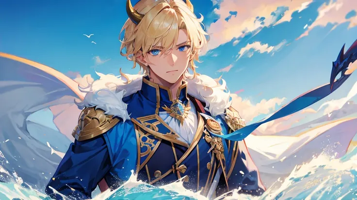 handsome boy, blonde hair, blue eyes, royal blue clothes, white horns, huge dragon surrounding him, 8k resolution, sky