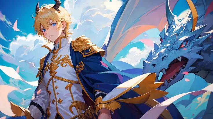 handsome boy, blonde hair, blue eyes, royal blue clothes, white horns, huge dragon surrounding him, 8k resolution, sky