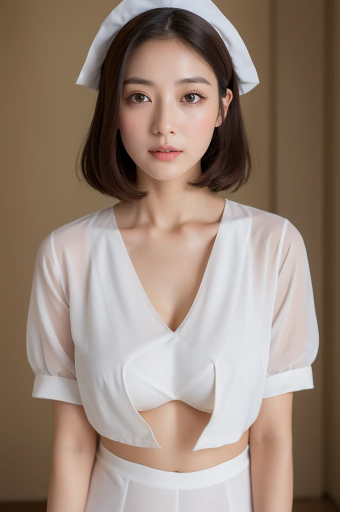 (highest quality、8K、32k、masterpiece、UHD:1.2)、photo of cute japanese woman、1 girl、(dark brown medium short hair)、(huge tit)、double eyelid、Take off your white nurse uniform、little white nurse (cap) 、White sheer underwear、full body esbian、Sexy