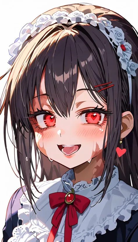 one girl, (red eyes:1.3), heart in the eyes, collar, big breasts, dark gray hair, long hair, bags under eyes, scar, burn scar, s...