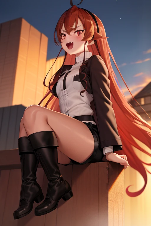 you become greyrat, 1 girl, :d, Ahoge, bangs, black hair band, black shorts, black socks, boots, brown footwear, coat, dress shirt, full body, hair between eyes, hair band, knee boots, long hair, long sleeve, outdoor, red eyes, redhead, shirt, short shorts...