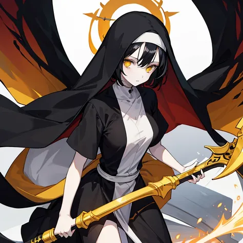 Black hair anime girl with yellow eyes, long nun outfit, pale skin, holding a scythe