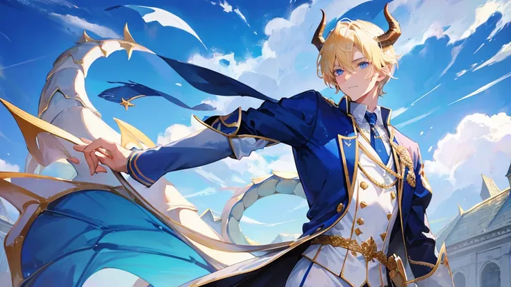 handsome boy, blonde hair, blue eyes, royal blue clothes, white horns, dragon behind him, 8k resolution, sky