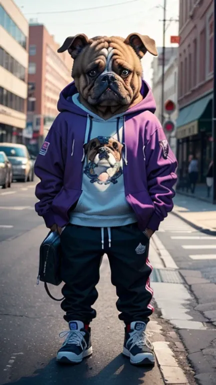 C4tt4stic, Cartoon purple bulldog wearing work clothes and skateboard