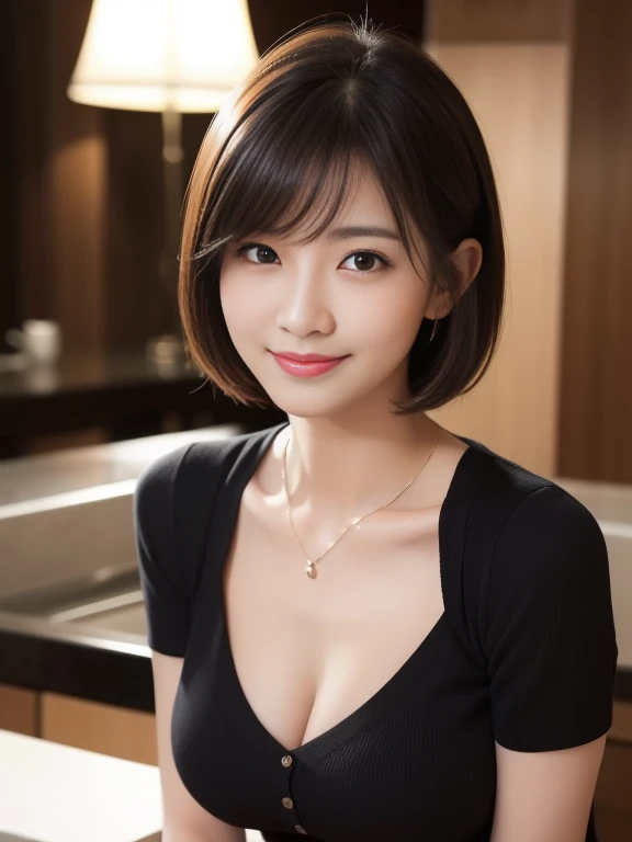 ((My face will definitely stay like thiasterpiece))、((highest quality))、photograph、reality、High level image quality、married woman、30 generations、delicate features、short hair、Realistic background and accessories（necklace、ring）、big and soft breasts、chest bul...