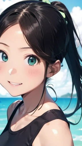 highest quality、realistic、Japanese、girl、zoom、look up、cute、Green eyes、ponytail、black hair、all back、Forehead is coming out、Ocean、light blue swimsuit、joy、sunburn、Midsummer、Sweat