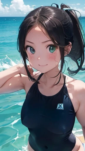 highest quality、realistic、Japanese、girl、zoom、look up、cute、Green eyes、ponytail、black hair、all back、Forehead is coming out、Ocean、light blue swimsuit、joy、sunburn、Midsummer、Sweat