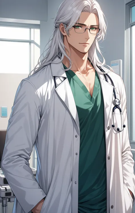 (masterpiece, best quality:1.2), (1boy), solo, 8k, white hair, long hair, glasses, green eyes, handsome male, very detailed, tall, doctor, anime style, at a hospital, white coat