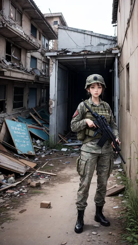 urban warfare、female soldier in ruins