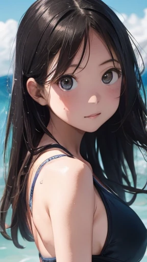 highest quality、realistic、Japanese、girl、cowboy shot、look up、cute、Green eyes、long hair、black hair、all back、Forehead is coming out、Ocean、White swimsuit、joy、sunburn、Midsummer、Sweat、slender、small breasts