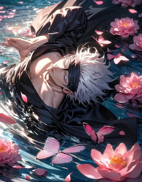 Ultra detailed, Highres, absurdres, HDR, Gojou Satoru, white hair, blindfolded eyes, Jujutsu Kaisen, flowers and pink petals, pink butterflies, water, extremely handsome, 1 man only, bare chest, black cape,