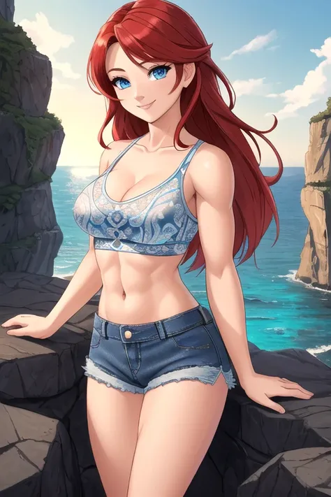 masterpiece,,((ultra detailed background, delicate pattern, intricate detail)), (highly detailed, fine details, rich colors), best quality, beautiful lighting, 1girl, red hair, solo, long hair, blue eyes, smile,((medium breasts, perfect model physique)), (...