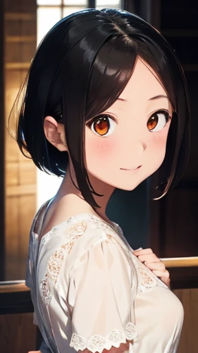 highest quality、Highest image quality、realistic、Japanese、girl、look up、cute、orange eyes、short hair、black hair、all back、Forehead is coming out、church、Wedding dress、joy、slender、small breasts、