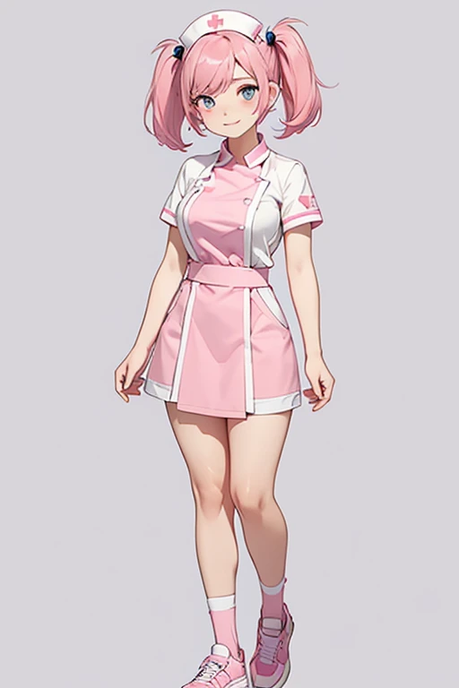 1 woman,nurse uniform, pink wear, pink hair, blue eye, short hair, twintail, big breasts, gentle smile, calm expression, chibi character, full body, staning, lower arms, front view, looking at viewer, thick outline, gray background, simple background