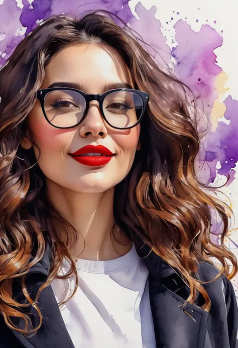 Scene partial front view; details in 8k; precision in details; Abstract artistic drawing textured background of a brunette woman with long, wavy hair wearing square glasses, woman smiling with red lipstick, face more toned and with slight dimples near the ...