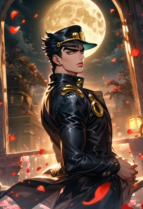 Ultra detailed, Highres, absurdres, HDR, Jotaro Kujoh, black hair, green eyes, black hat, black leather coat, JoJo Bizarre Adventure, 1 man only, moon, window, petals, handsome,