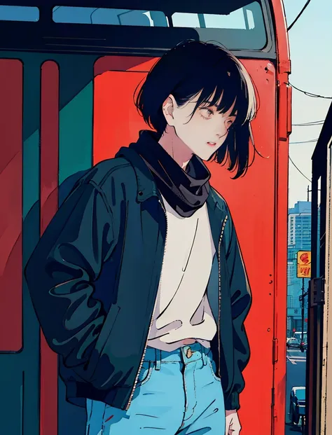 morning、a cool and beautiful asian boy with black hair, denim pants、black jacket、scarf、a red bus passing nearby, perfect face, b...