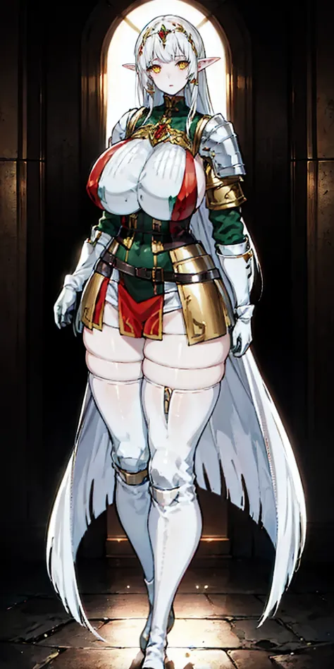 masterpiece, best quality, high quality, 1solo white SKIN elf, long hair, white hair, yellow eyes, full body, breastplate, looking at viewer, shiny, armor, thigh highs, high boots, shoulder armor, faulds, poleyn, gloves, gauntlets