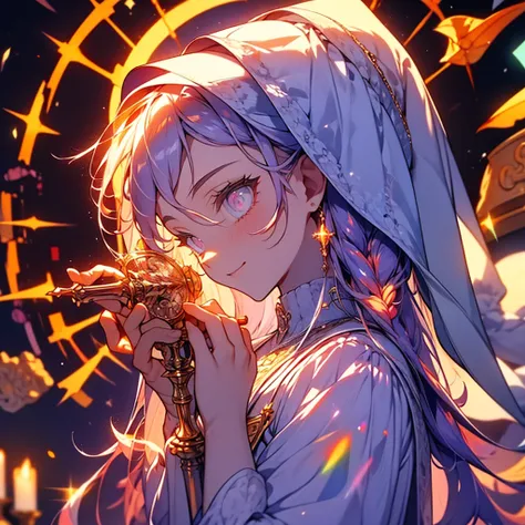 highest quality,((highest quality)),((table top)),((perfect face)),detailed５two-fingered hand,1 girl.long eyelashes,white and purple dress,white jacket,With a cane,Has a weapon,Flames flutter,golden hair,purple eyes,smile,Nordic face,Beauty,((holographic))