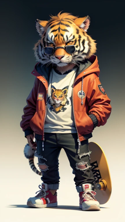 C4tt4stic, Cartoon tiger wearing jacket and skateboard, sunglasses,