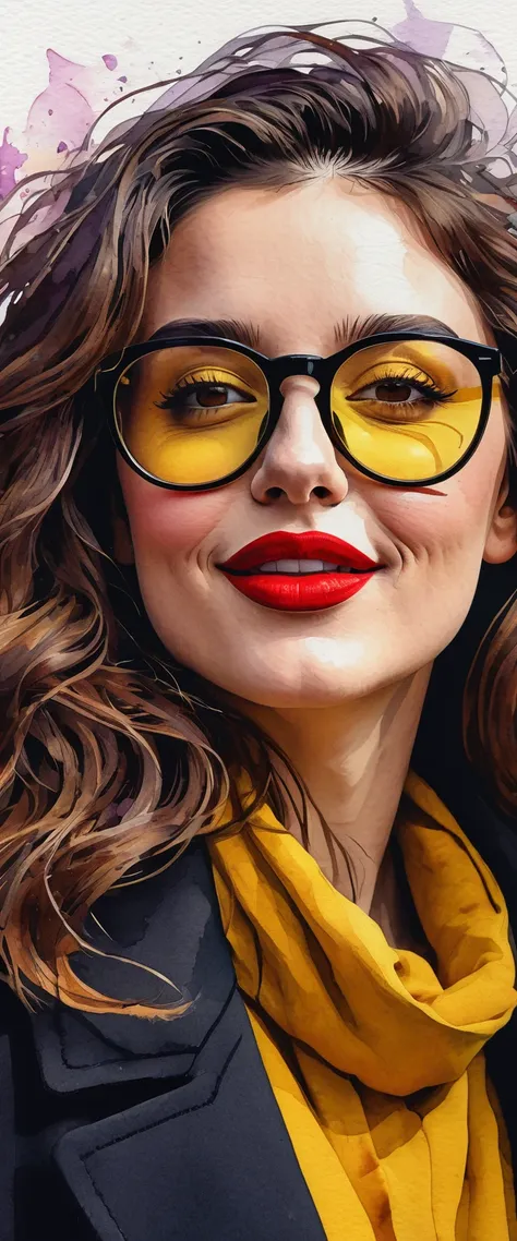 Scene partial front view; details in 8k; precision in details; Artistic abstract drawing textured background of a brunette woman with long, wavy hair wearing square glasses, woman smiling with red lipstick, face more toned and rounded and with slight dimpl...