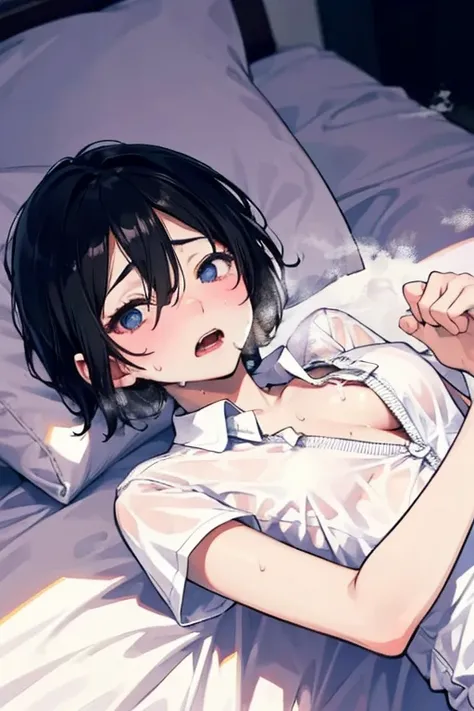 (masterpiece, best quality, high quality, highres, ultra-detailed, detailed background,)1girl,(early teens),black hair,short hair,(white business Shirt),full body,pov,fullbody,(heavy breathing:1.4)(open eyes,:1.5),(cum in pussy,cum on body,cum on breasts,c...