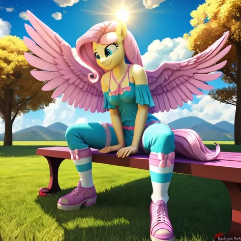 fluttershy, my little pony, human body, 2 hands, 2 legs, female, long fur, pink hair, pink tail, colorful socks, spread wings, f...