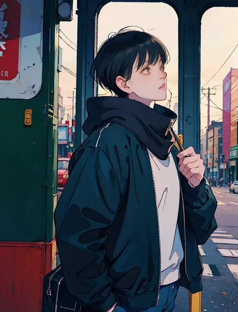 morning、A cool and beautiful Asian boy with black hair, denim pants、black jacket、Scarf、A red bus passing nearby, The man is at the back of the bus、People nearby々Having a fun conversation、perfect face, black jacket, neon black, (with backlight: 1.1), hard s...