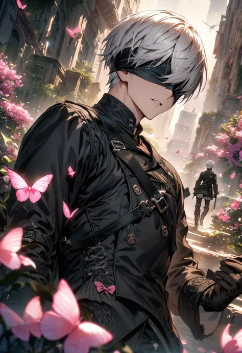 absurdres, highres, ultra detailed, HDR), masterpiece, 9s, blindfolded eyes, white short hair, nier automata, 1man, handsome, pink flowers, pink butterflies, black clothes