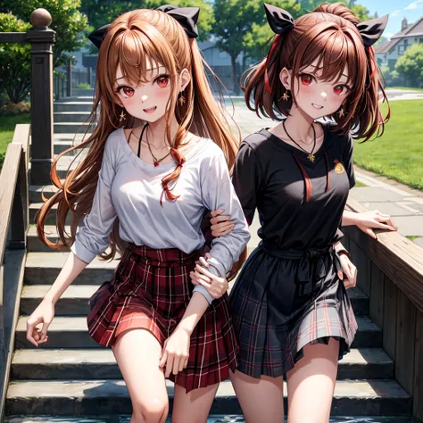 reddish-brown golden hair、red eyes、one good looking girl、solo、anime、plaid mini skirt、black camisole、black t-shirt、hoodie、wearing a ribbon、ribbon at waist、crystal earrings、jewelry necklace、Light and shadow、tilting one&#39;s face、teeth are visible、pillar、evi...