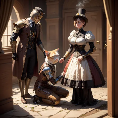 in victorian England, a steam punk Knight themed after a calico cat, kneels in respect