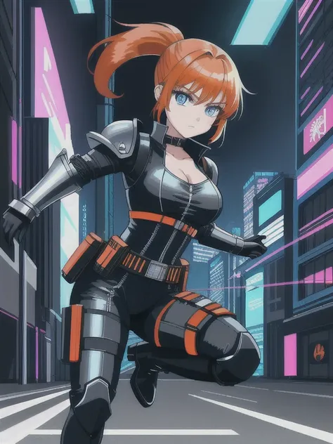 1girl ((32year old, dressed in a tight futuristic sci-fi bodysuit, cleavage, utility belt, armor, boots, medium breasts, short orange hair, pony tail styled hair, slim and athletic body:1.3, detailed blue eyes:1.5)) attack action, action with impact, full ...