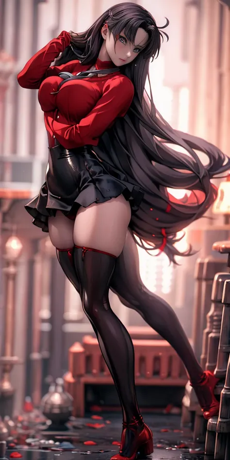 fate stay series tohsaka rin and sakuya rindou yuri (wearing business outfit, formal jacket, blue neck tie, tie,white shirt, skirt, heels, high waist, skirt big perfect round breasts,hourglass body, thin waist,btpt-fc,Photo realistic, hyperrealistic:1, bea...