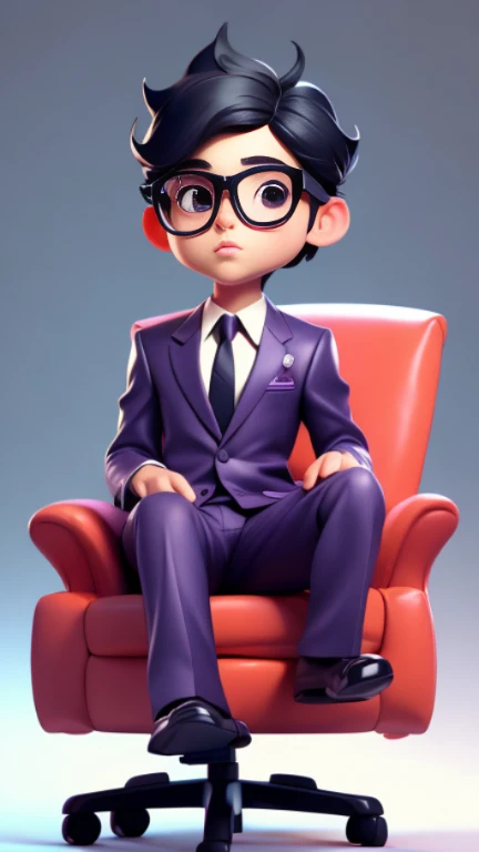 masterpiece, A cute boy sitting on the boss chair, Glasses, purple suit, black hair, chibi style, Perfect 3D animation , Perfect lips and simple 