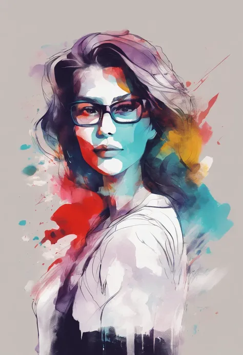 Partial front view of the scene; details in 8k; precision in details; Pablo Picasso style drawing. Wood splash; high color contrast; Abstract artistic drawing textured background of a brunette woman with long, wavy hair wearing square glasses, woman smilin...