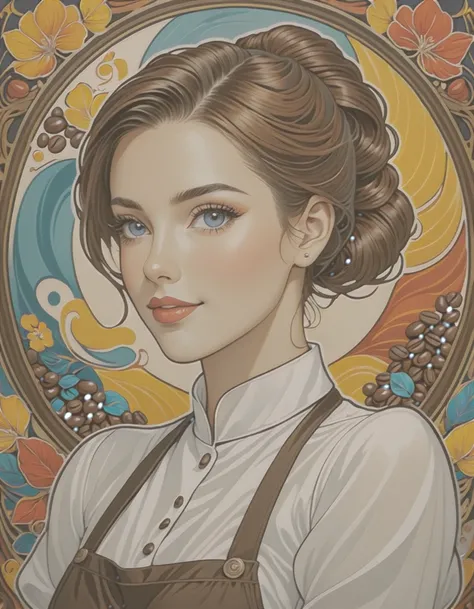 Art Nouveau portrait of an elegant beautiful female Barista with coffee beans, more colorful