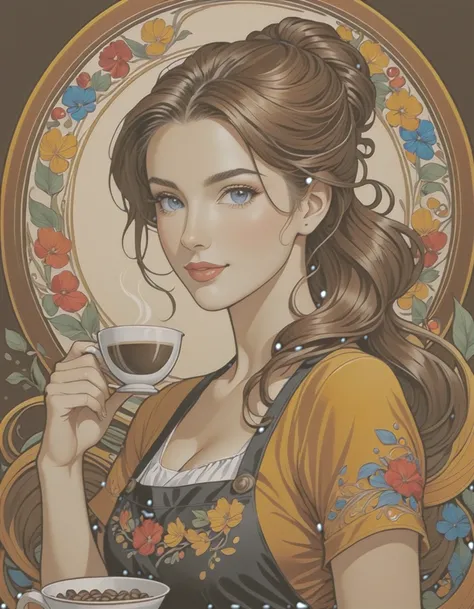 Art Nouveau portrait of an elegant beautiful female Barista with coffee beans, more colorful