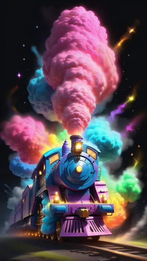 Glowing magic train in chalk dust style, 8K,The art of math, high quality, Very detailed