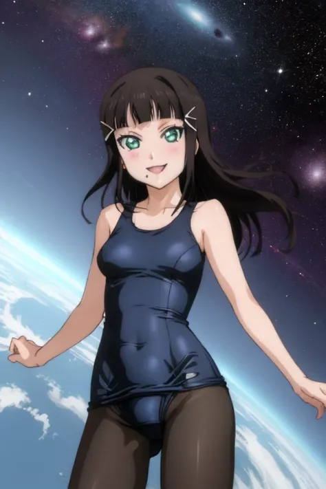 best quality, ultra-detailed masterpiece, dia kurosawa, one-piece swimsuit, pantyhose, anime art style, cute characters, space station, open legs, smile