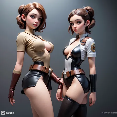 (Realistic), (highly detailed), uhd, Princess Leia without panties under short skirt, breast sheer top, (extremely short hair:1.3), detailed body, star wars world