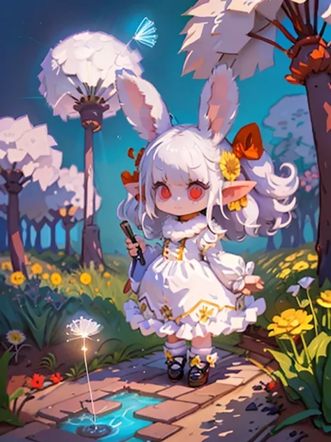 Voxels,(3D Big Pixel Art,3D Pixel Art),Large pixels,solo,#1 girl(3D Pixel Art:2.0,Chibi,cute,kawaii,small kid,white hair:1.6,long hair,white rabbit ear,white dress,red eyes,big eyes,skin color white,big hairbow,dynamic pose,looking at sly),#background(outd...