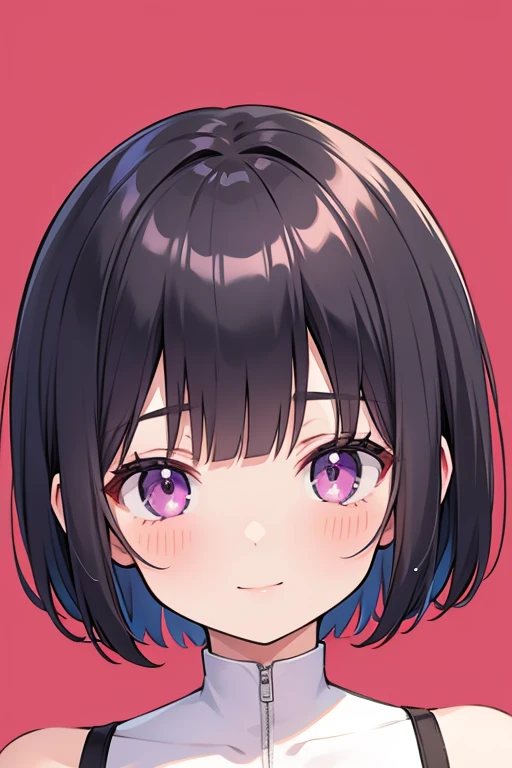 Anime-style portrait of a girl with a dark violet bob cut making eye contact with the camera, bright eyes, baby-faced, subtle smile, minimalistic background to emphasize character, high contrast, clean lines, digital painting, vivid colors