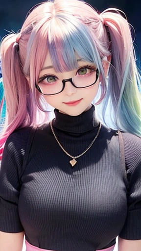 small face、flower garden、 Super detailed,bright colors, very beautiful detailed anime face and eyes, look straight,  shiny_skin,girl, (((rainbow colored hair, colorful hair, Half blue、half pink hair: 1.2))), 、shiny hair, delicate beautiful face, blush、Glas...