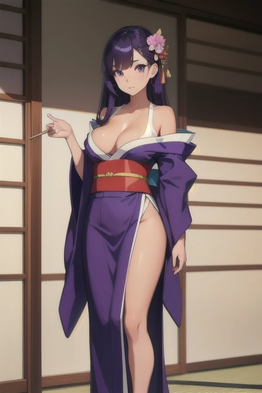 A girl with long straight purple hair and purple eyes with tan skin and full breasts standing straight facing the viewer in a kimono, perfect,