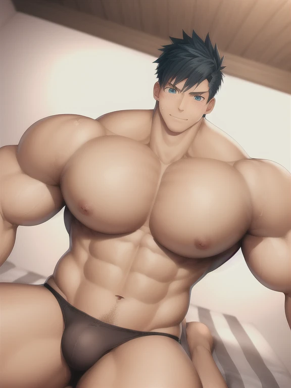 huge chest, 14 year old boy, teen age anime, very muscular body, 8 pack abs and big biceps, cute, barefoot, looks confident, blush, extremely cute and extremely muscular 14 year old boy, sweaty, huge bulge, well endowed, puberty muscles, chiseled ripped bo...